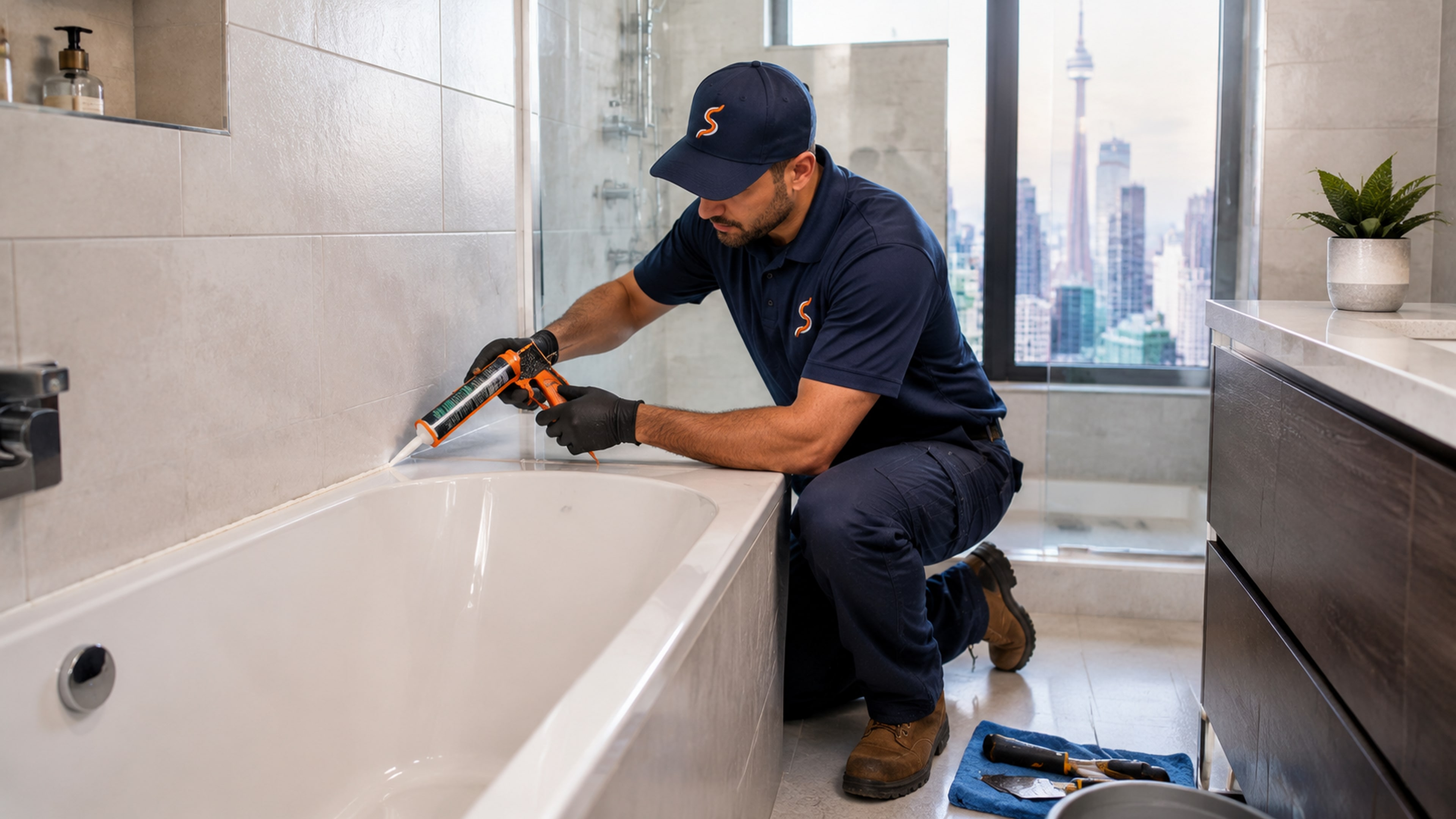 Bathtub recaulking during bathroom plumbing maintenance