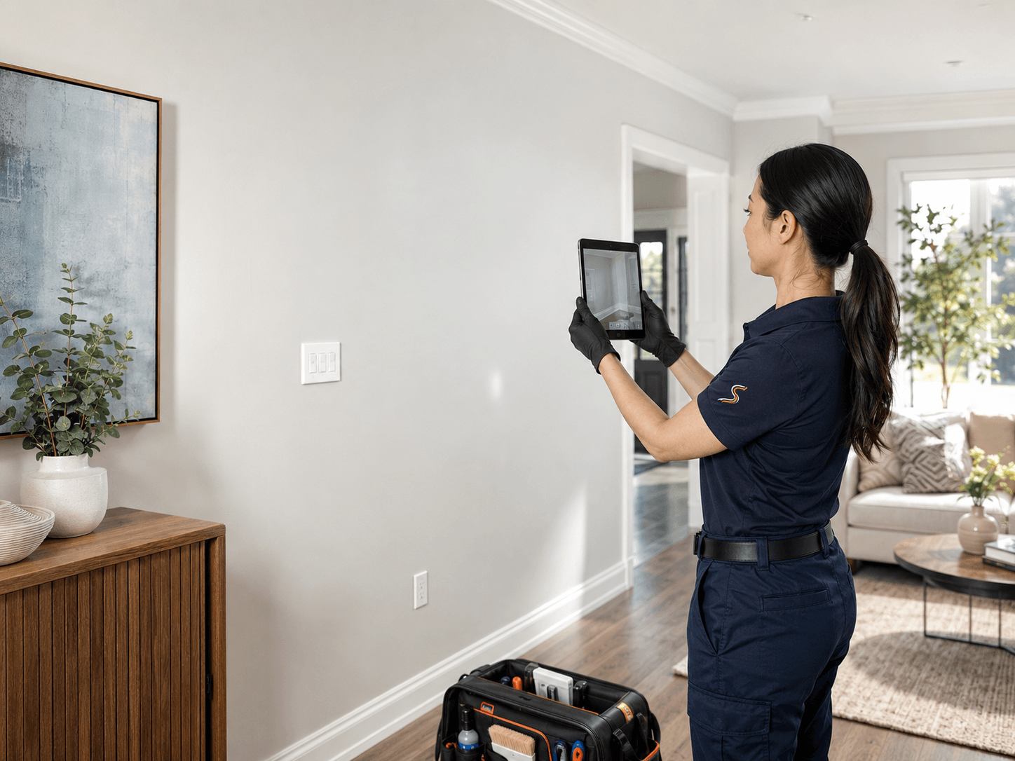 Technician reviewing documented progress on site