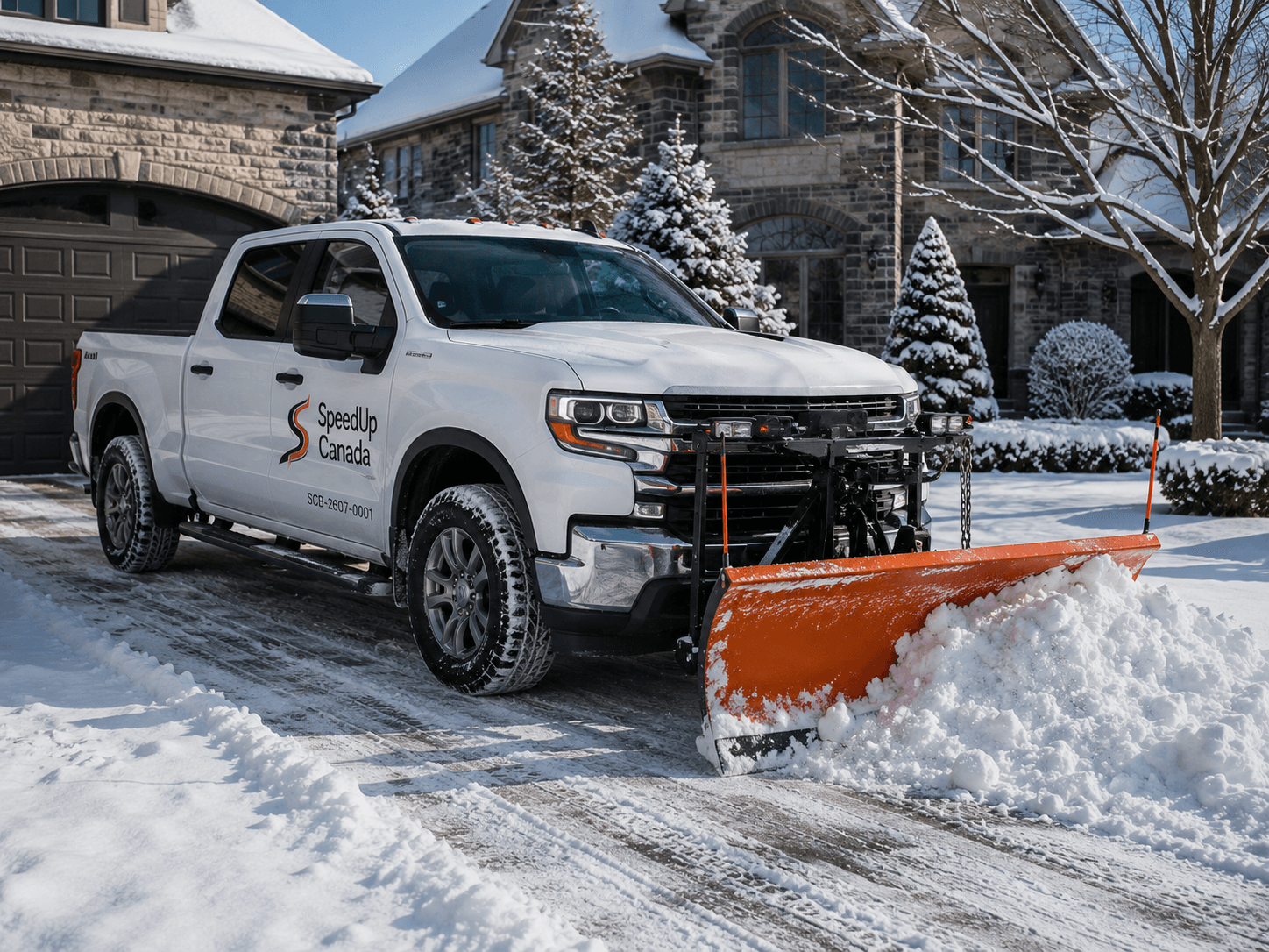 Snow plow clearing a residential driveway after a storm