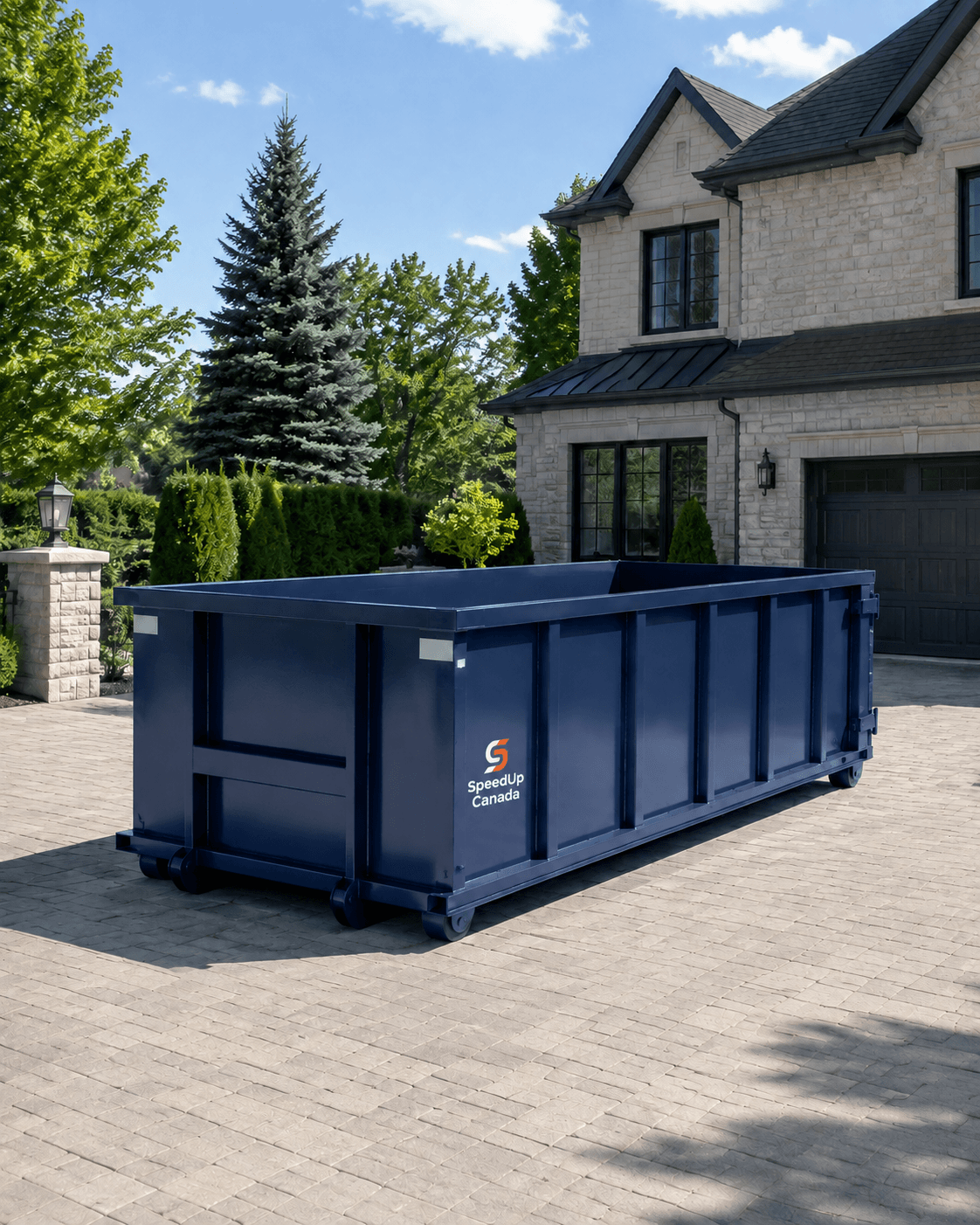 Complete navy SpeedUp Canada roll-off bin, branded and set squarely on a residential driveway