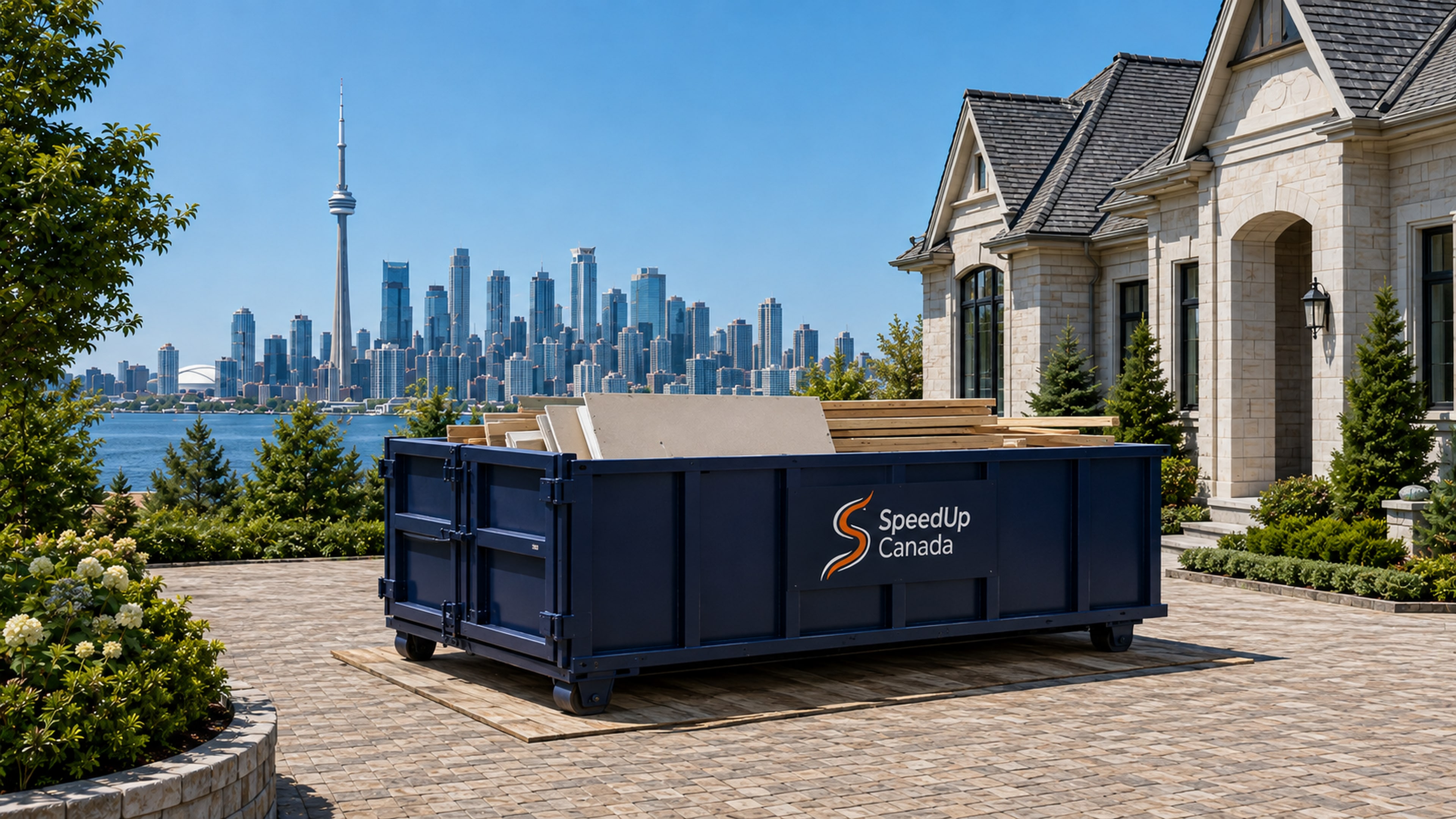 20-yard roll-off bin on a residential driveway for renovation debris