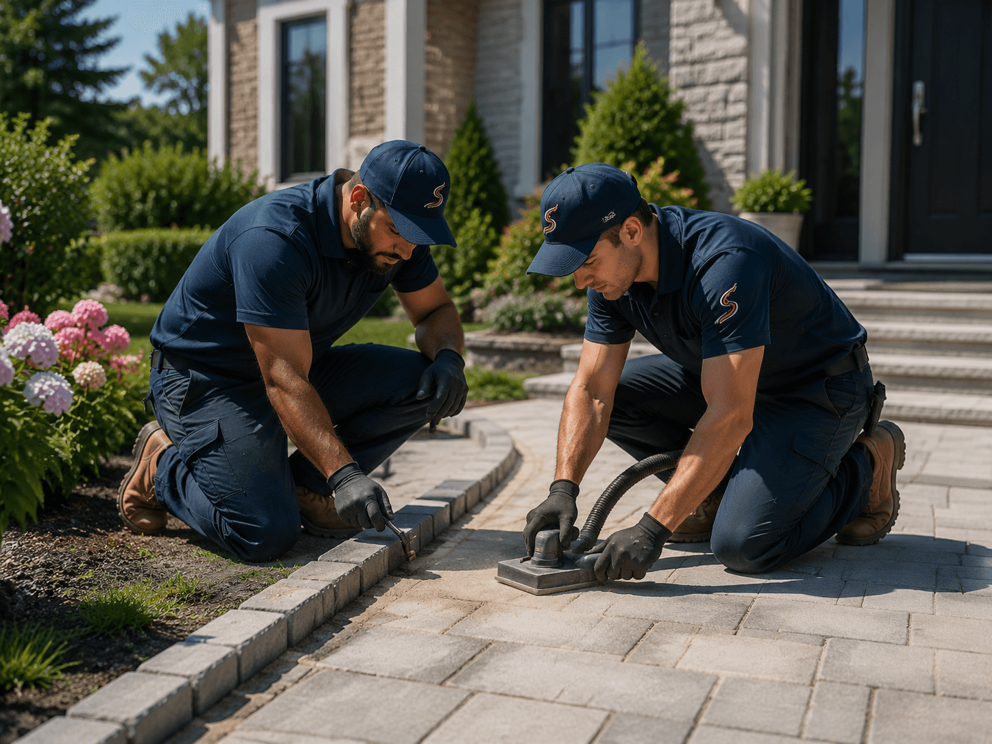 Crew finishing a residential paver walkway