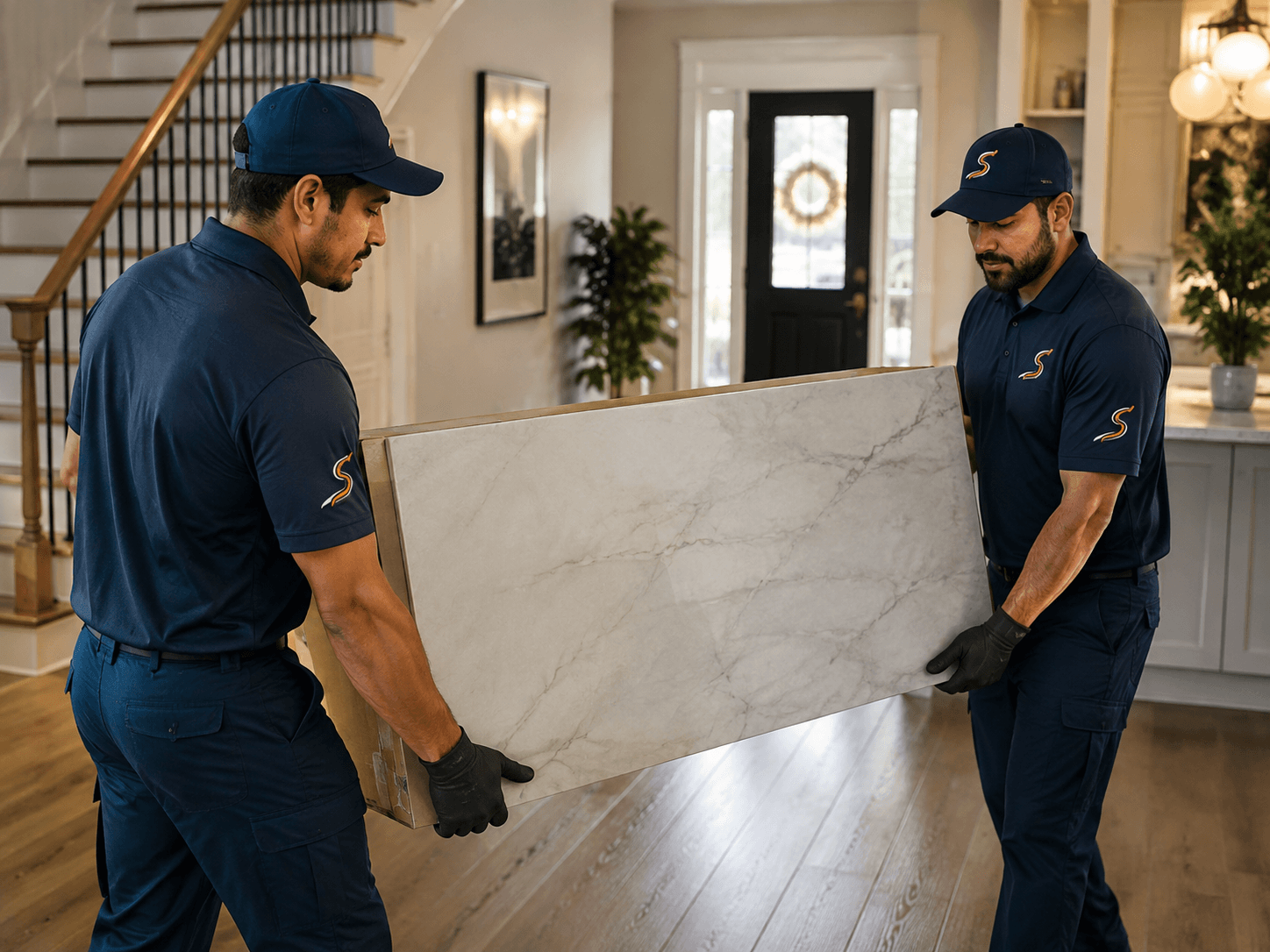 Crew hauling countertop materials from a renovation