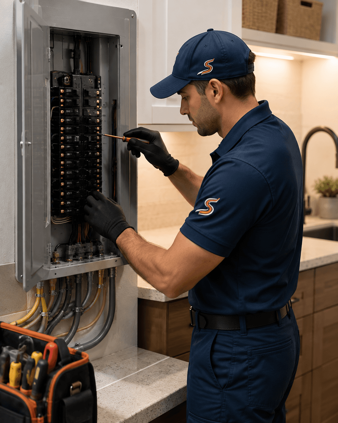 Technician servicing a residential electrical panel