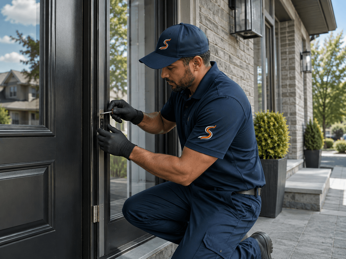 Technician installing door weatherstripping