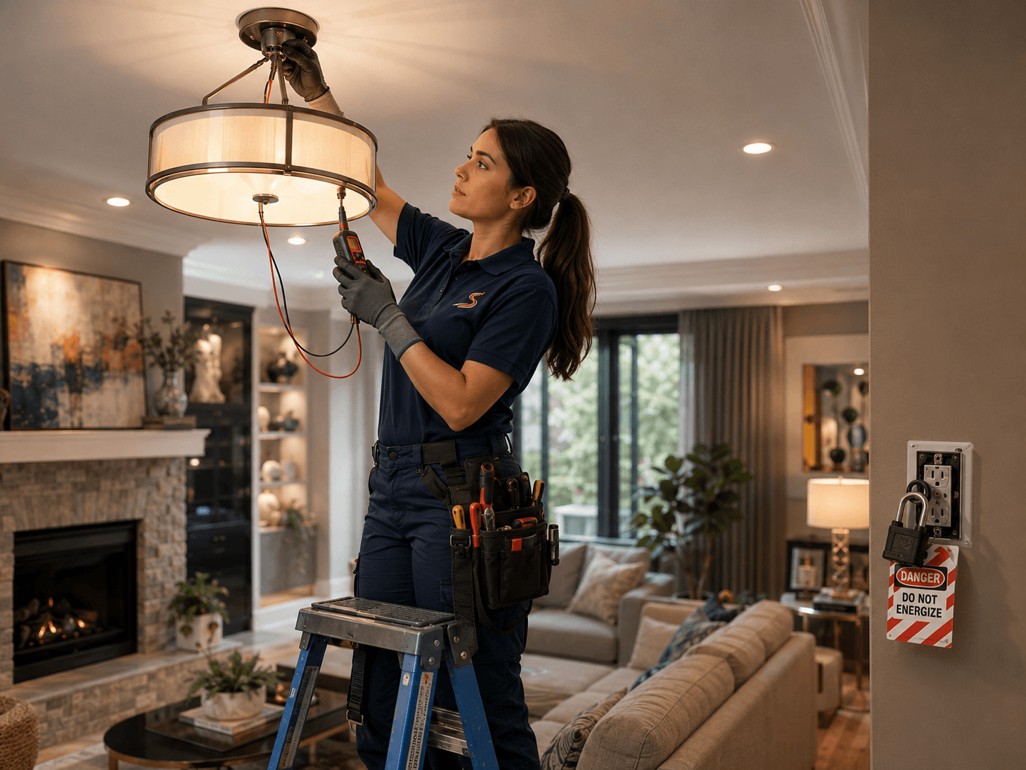 Technician installing an interior light fixture