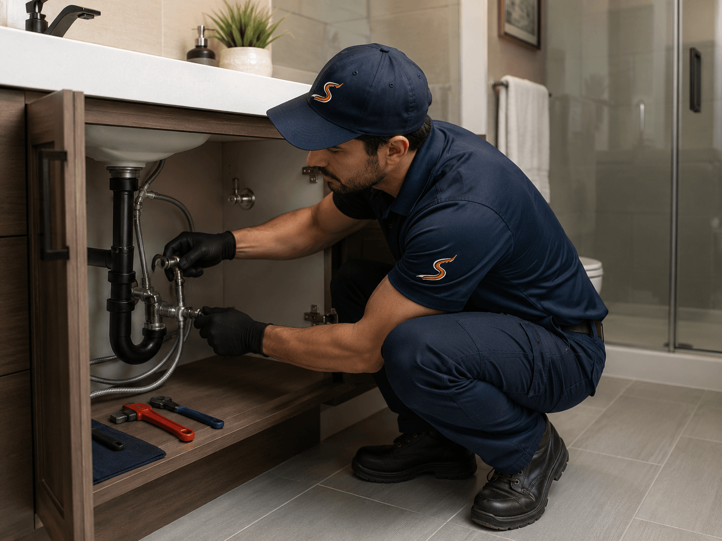 Plumbing maintenance at a bathroom vanity