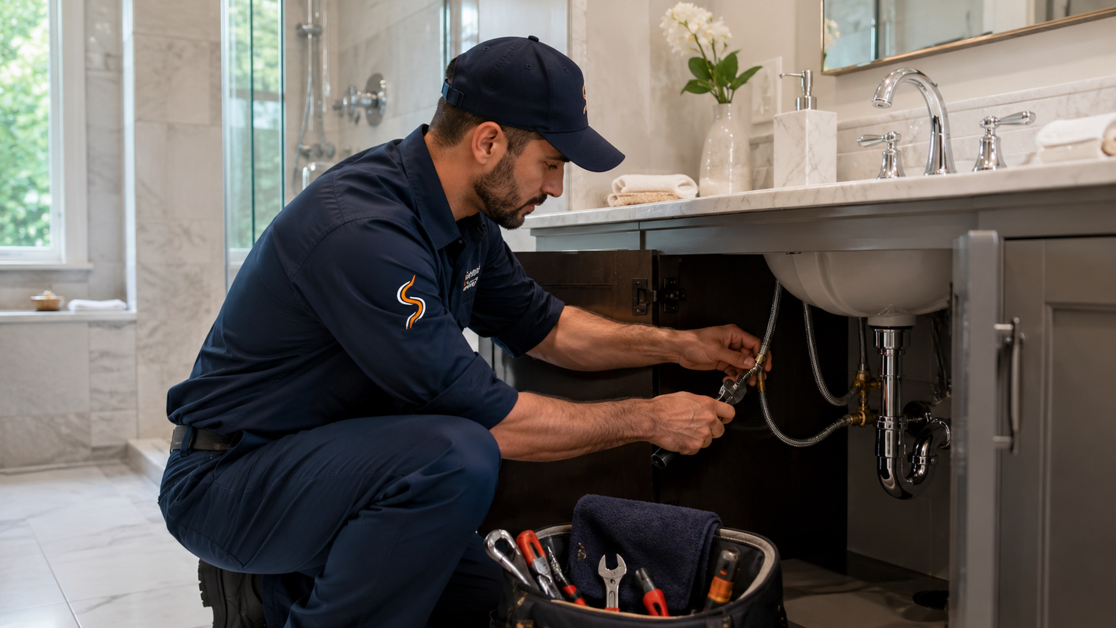 Bathroom faucet replacement during plumbing maintenance